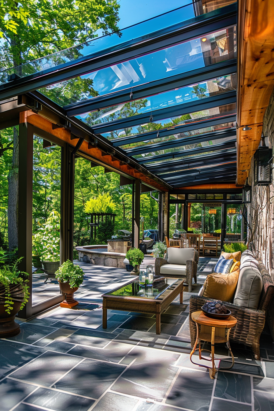 ALT: A cozy patio with a retractable glass roof, comfortable seating, green plants, and a view of surrounding trees on a sunny day.