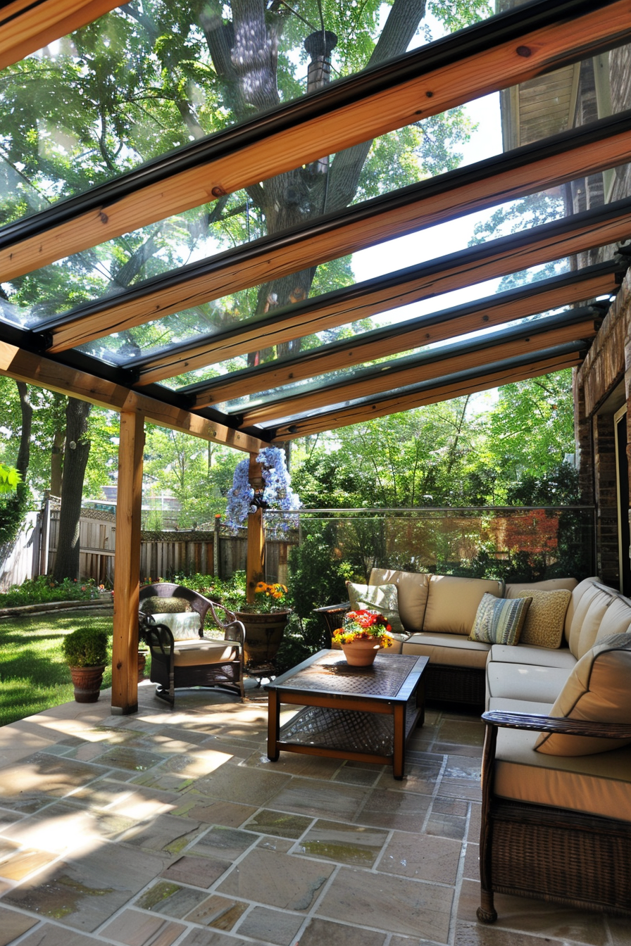 A cozy outdoor patio with a glass roof, comfortable furniture, and surrounding greenery.