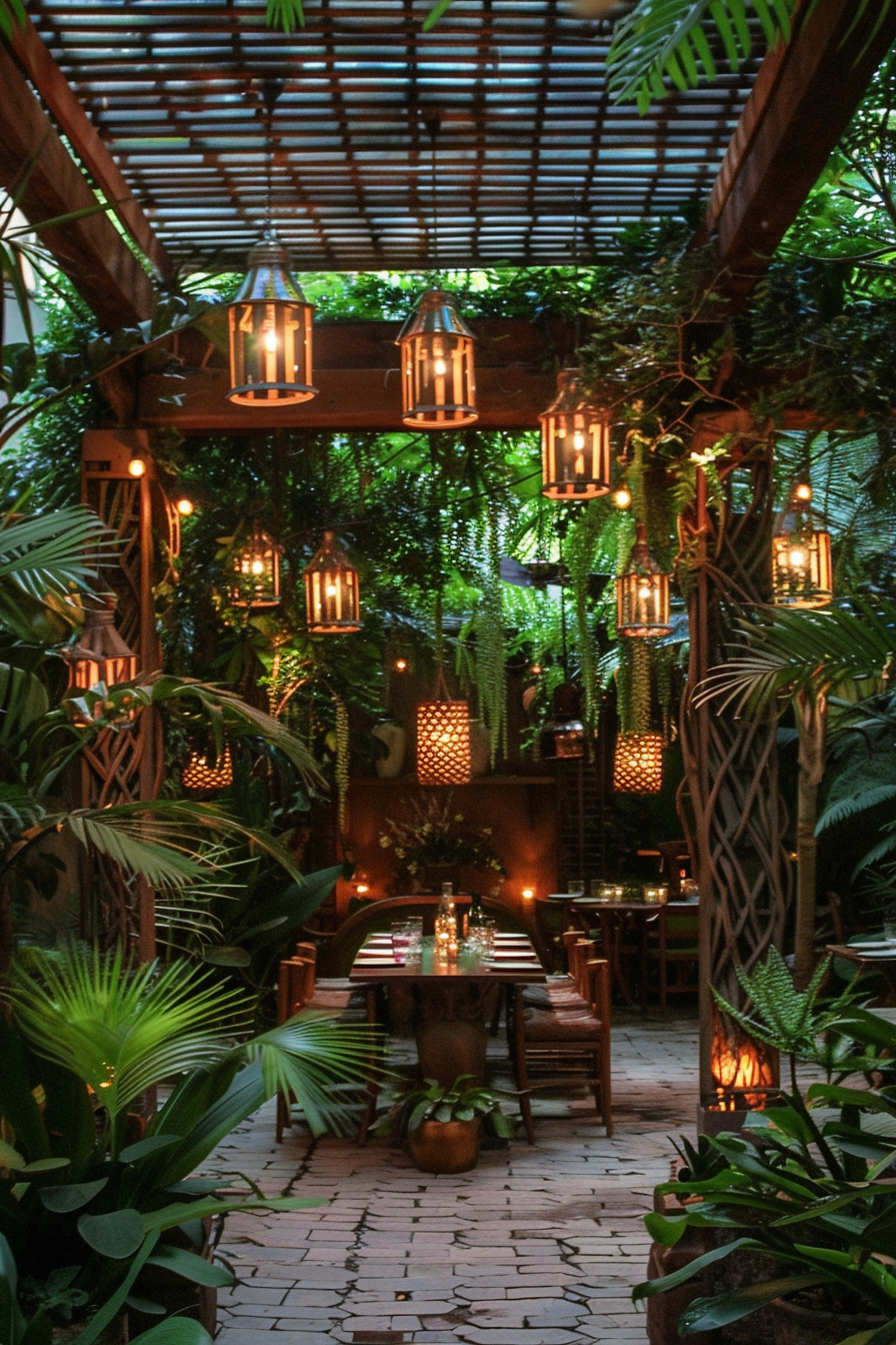 A cozy outdoor dining area with hanging lanterns, surrounded by lush greenery and plants, featuring a warm, inviting atmosphere.