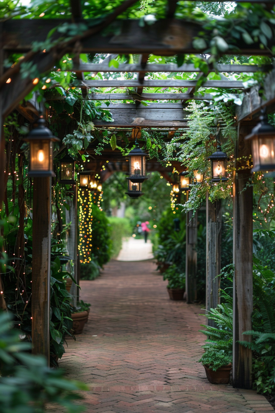 A brick pathway leads through a lush pergola adorned with hanging lanterns and twinkling lights, creating an enchanting garden walkway.