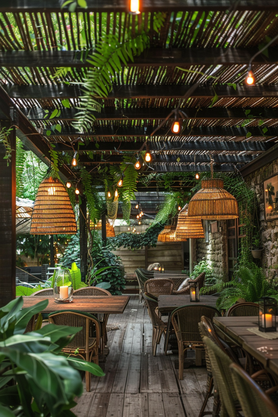 Cozy outdoor restaurant patio with wooden tables, wicker chairs, hanging lights, and lush greenery creating an inviting atmosphere.
