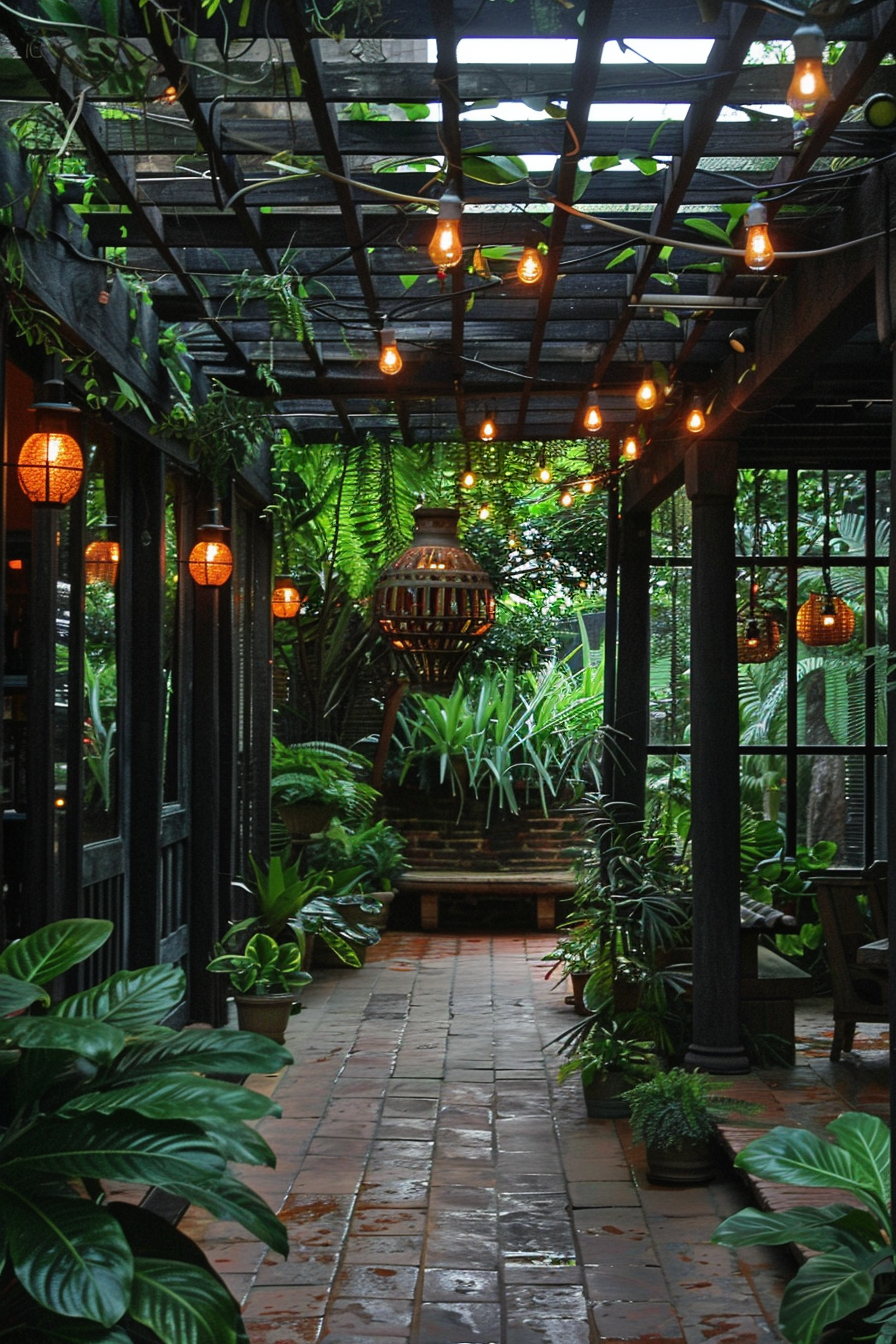 Outdoor walkway with hanging lights and lush greenery under a wooden pergola after rainfall.