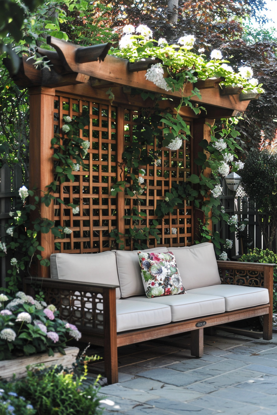 Wooden garden bench with cushions under a pergola adorned with green vines and white flowers, set against a lattice backdrop.
