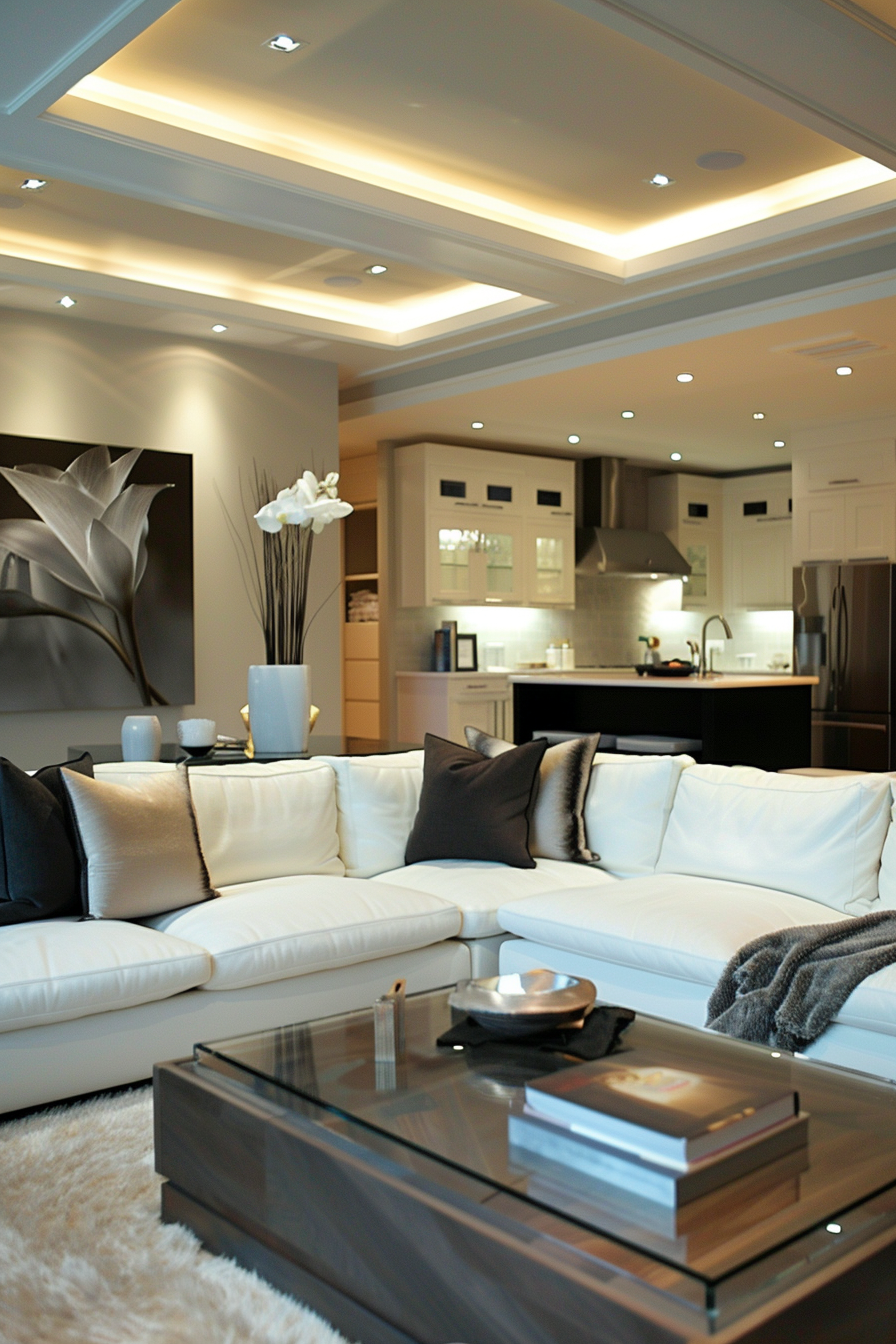 ALT: A modern living room with a white sectional sofa, dark pillows, a glass coffee table, and a kitchen visible in the background.