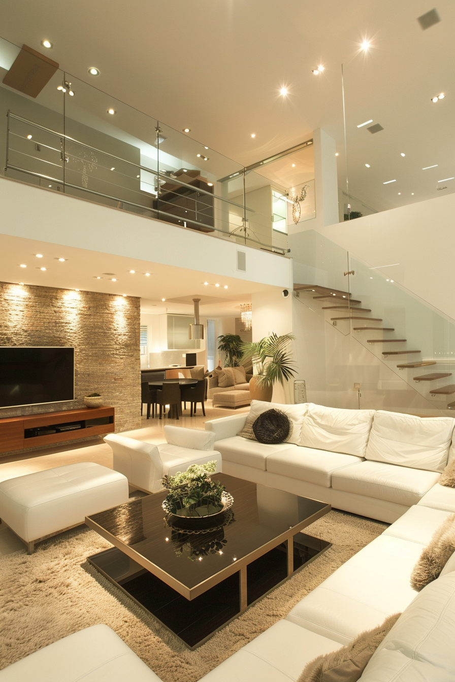 Modern living room with white sofas, a glass coffee table, and a staircase leading up to a lofted area. Warm lighting and a cozy ambiance.