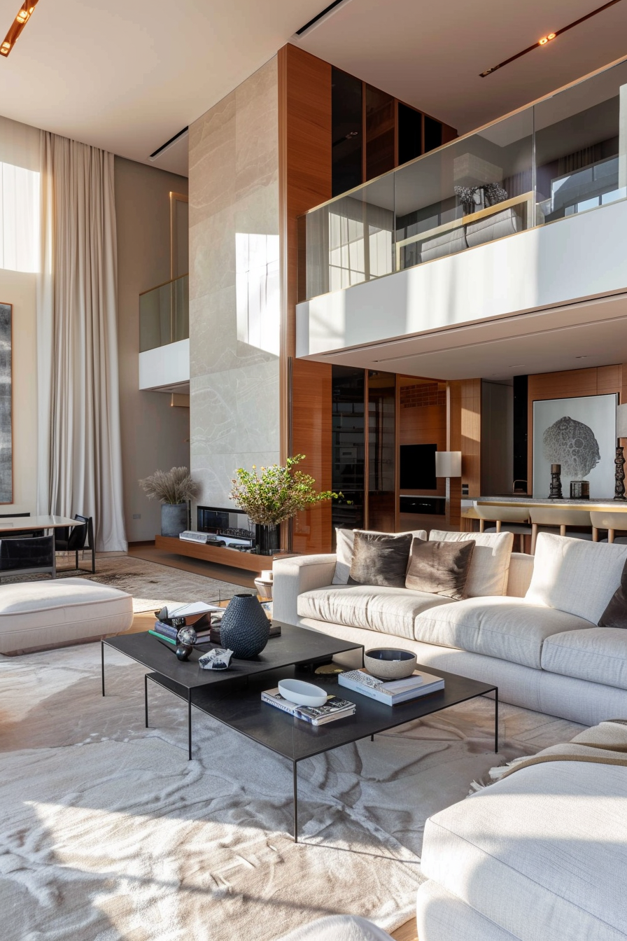 Modern living room with beige sofas, a glass coffee table, wooden panels, and a view of the upper level.