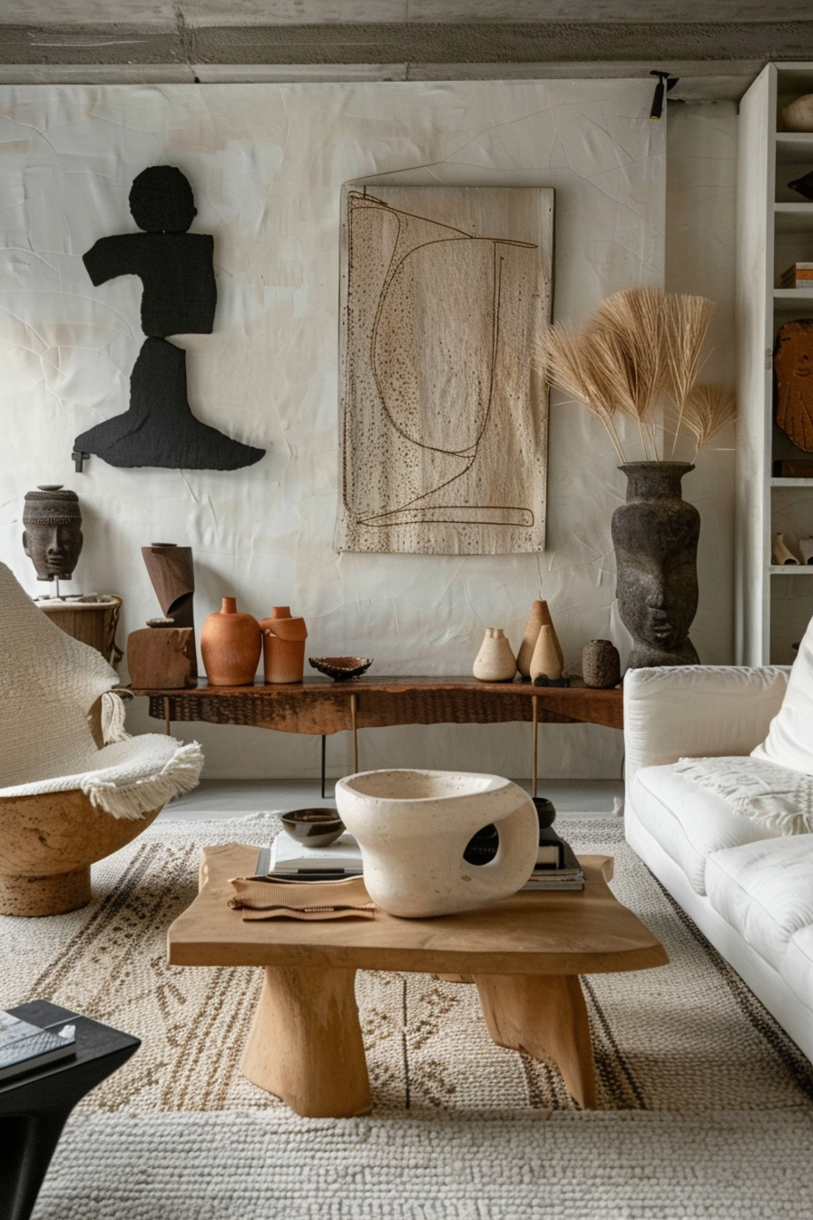 Cozy interior with eclectic decorations, wooden furniture, white sofas, and textured rugs, featuring artwork and pottery.