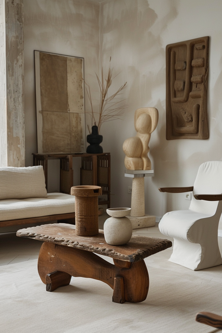 A serene, neutral-toned living room showcasing a mix of rustic wooden furniture and abstract sculptures with minimalist decor.