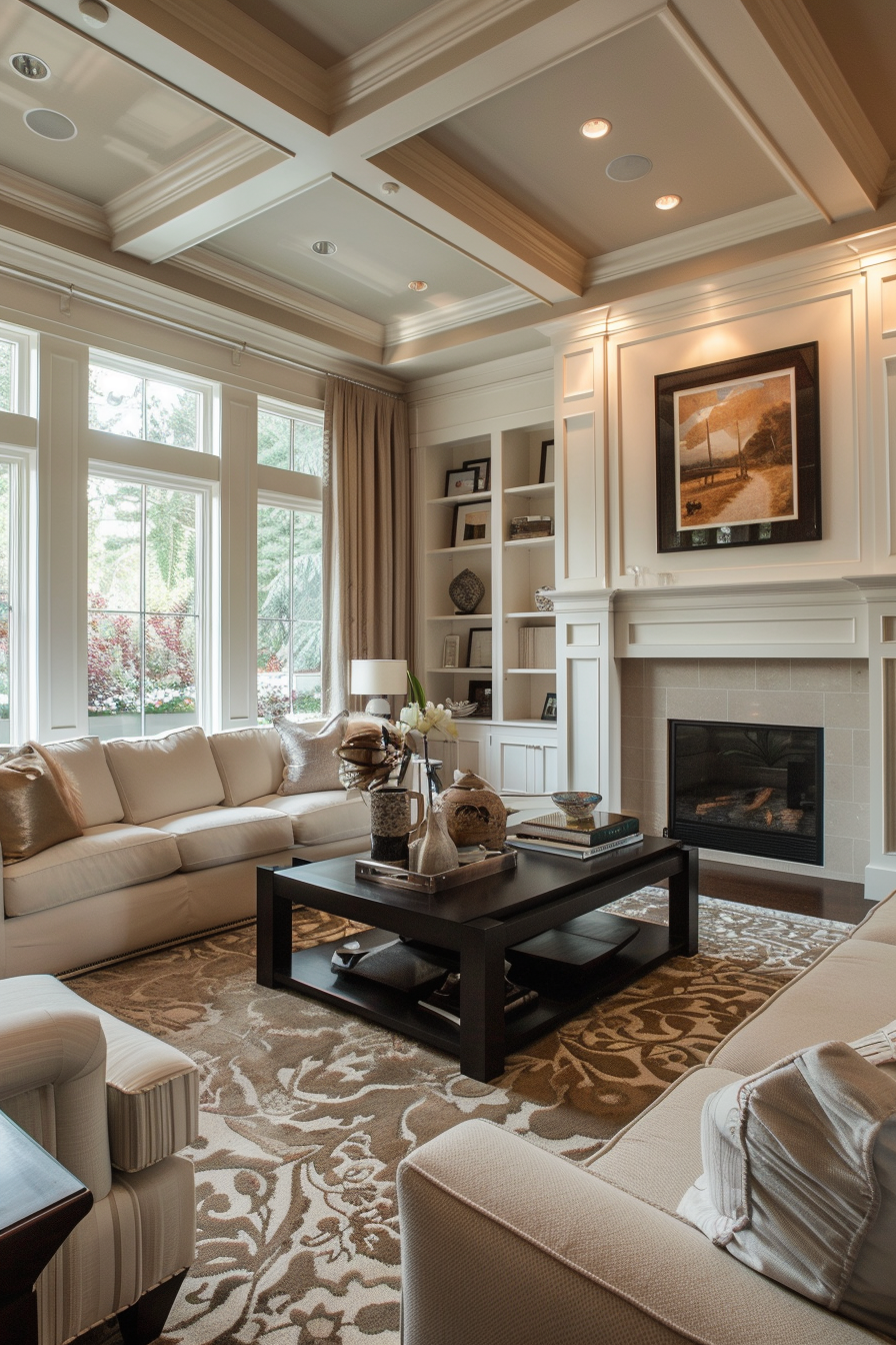 Elegant living room with a beige sofa, coffered ceiling, fireplace, and built-in bookshelves with decor.