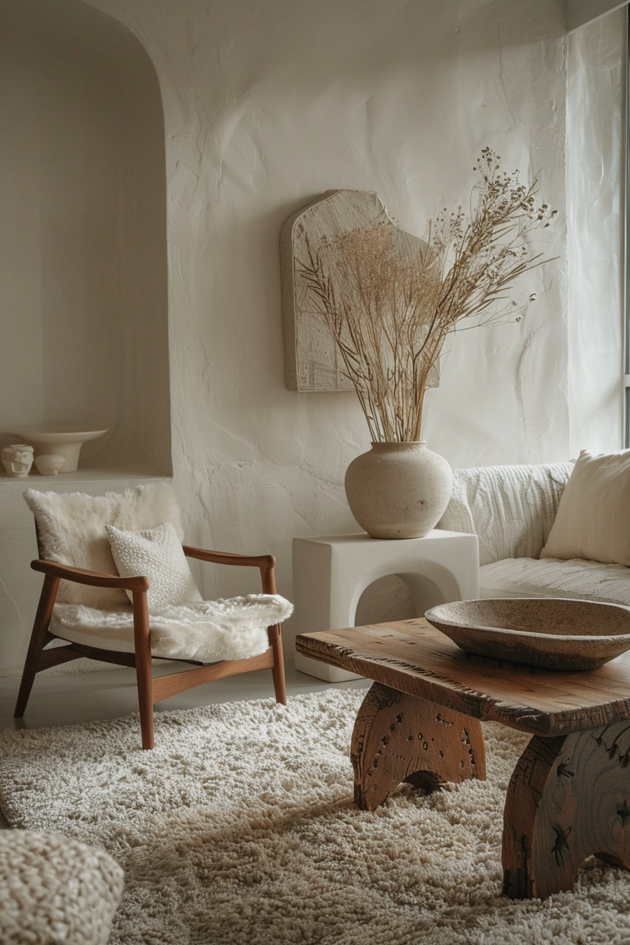 Cozy room interior with textured walls, a mid-century modern armchair with a fluffy throw, a rustic wooden table, and a vase with dried plants.