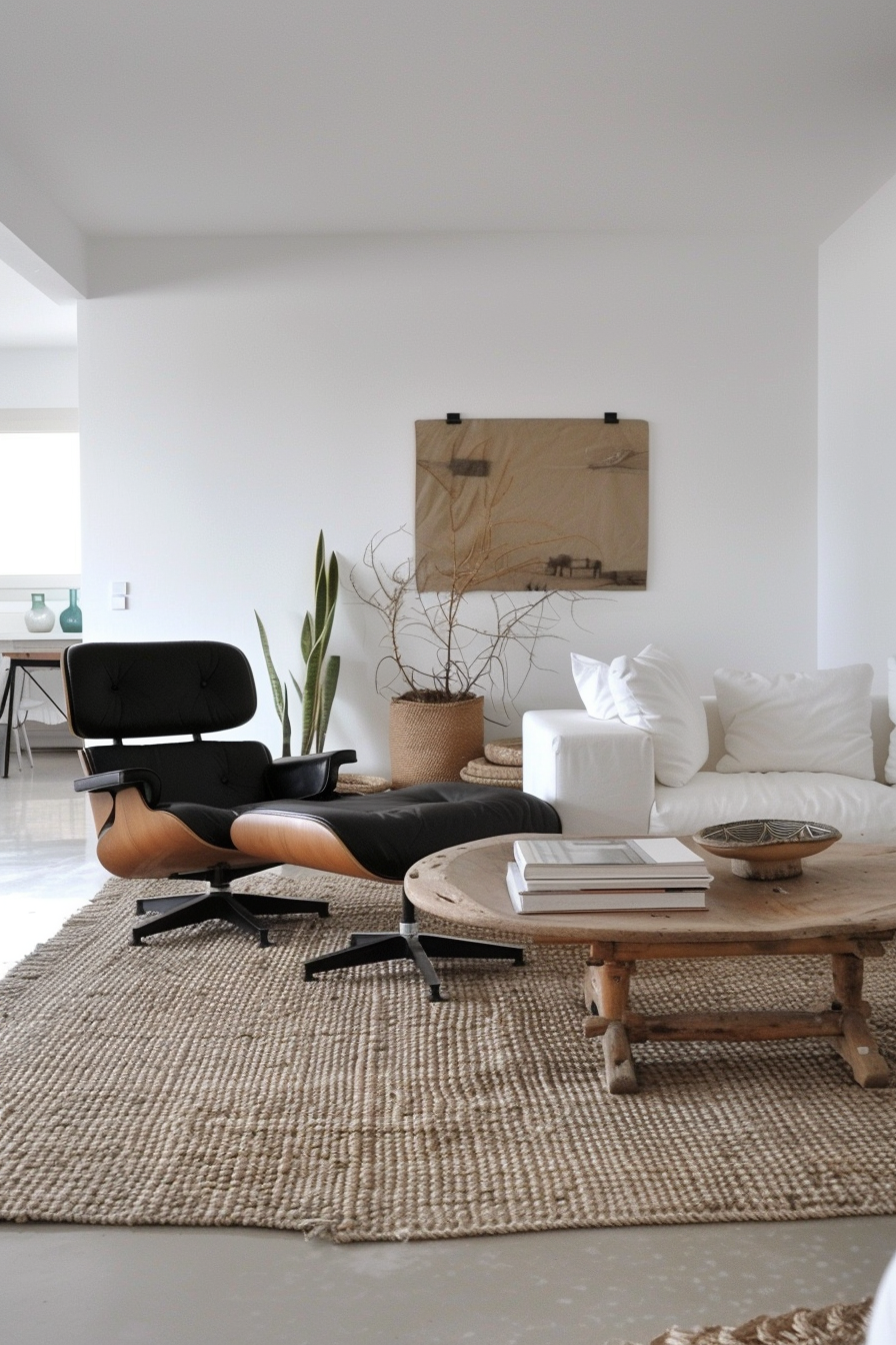 ALT text: A modern living room with a stylish black lounge chair, white sofa, wooden coffee table, plant, and abstract wall art.