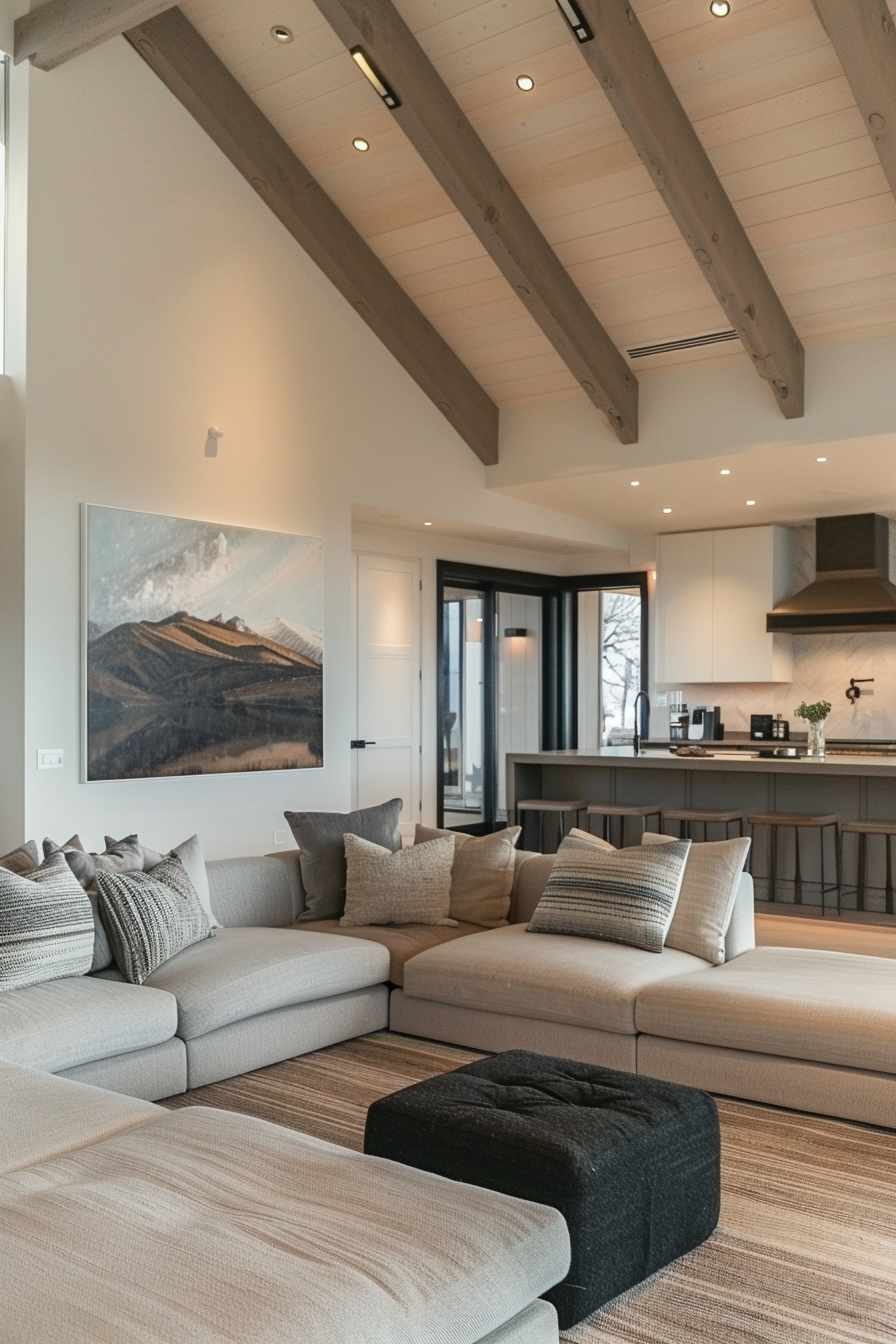 Modern living room with neutral tones, sectional sofa, wooden beams on ceiling, kitchenette in the background, and mountain artwork.