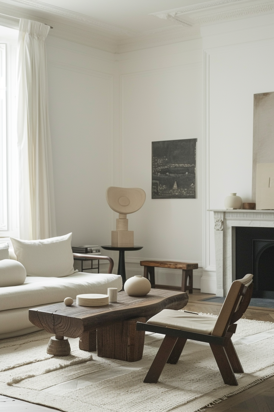 ALT: A bright, minimalist living room with elegant white sofa, wooden furniture, a textured rug, and decorative sculptural pieces.