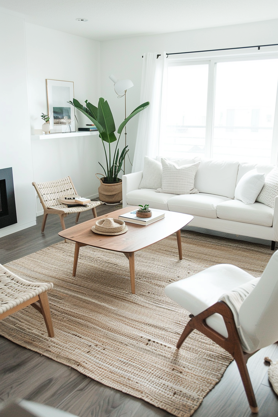 A bright, modern living room with a white sofa, wooden furniture, large windows, and indoor plants.