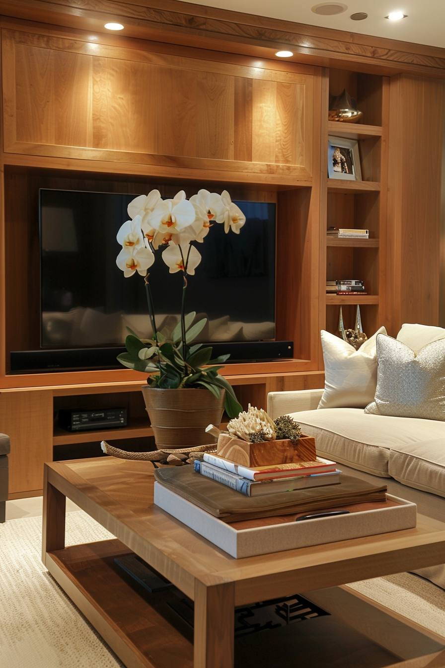 A cozy living room with wooden furniture, wall-mounted TV, decorative items, and a potted orchid on a coffee table.