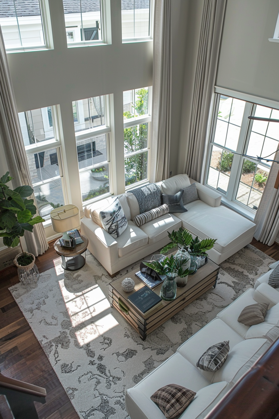 High-ceiling living room with ample natural light, white couches, patterned rug, and decorative plants.