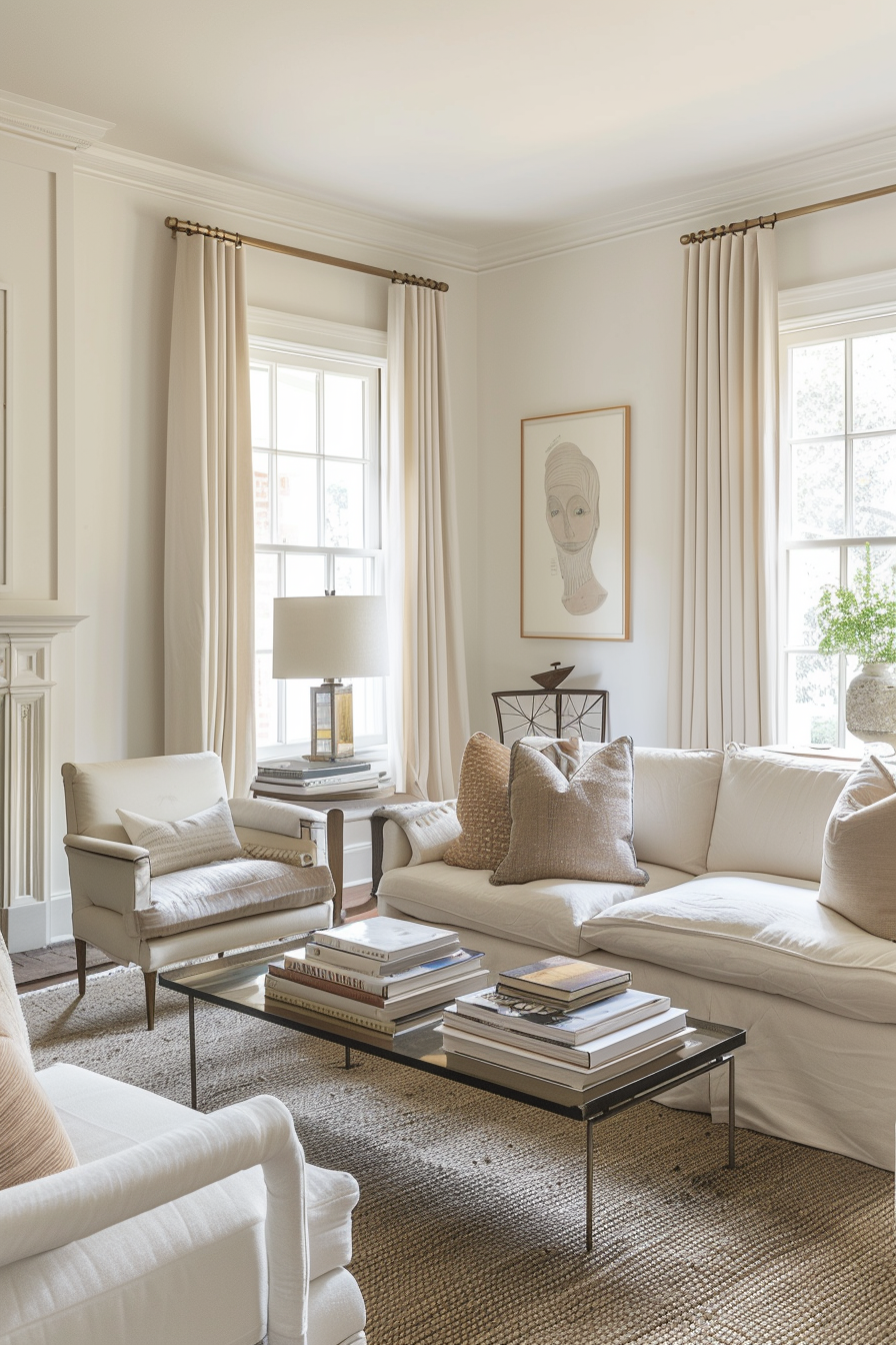 Elegant living room with neutral tones, featuring a white sofa, armchairs, a portrait on the wall, and a coffee table with books.