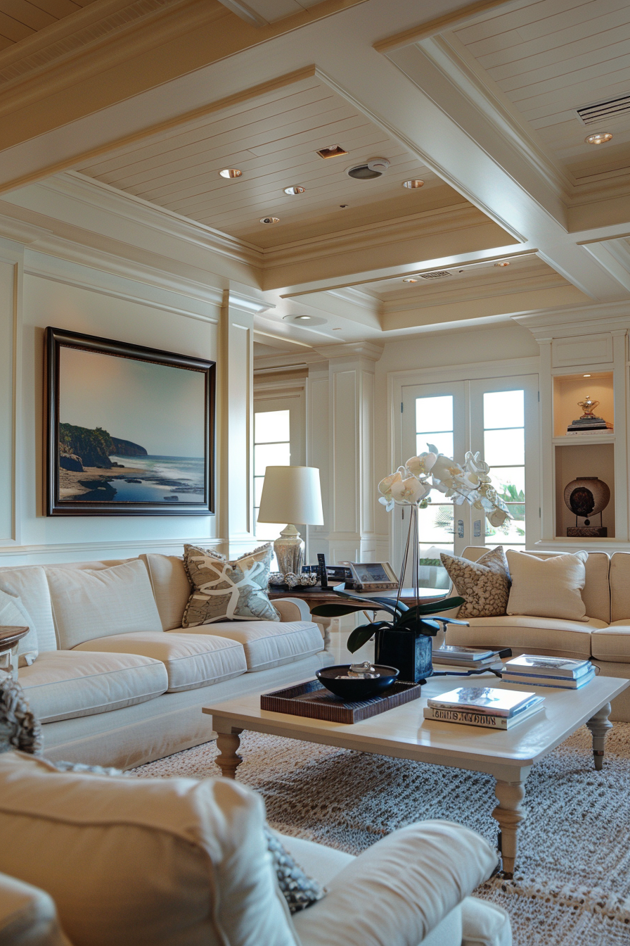 Elegant living room with white sofas, wooden coffee table, coastal artwork, and detailed ceiling moldings.