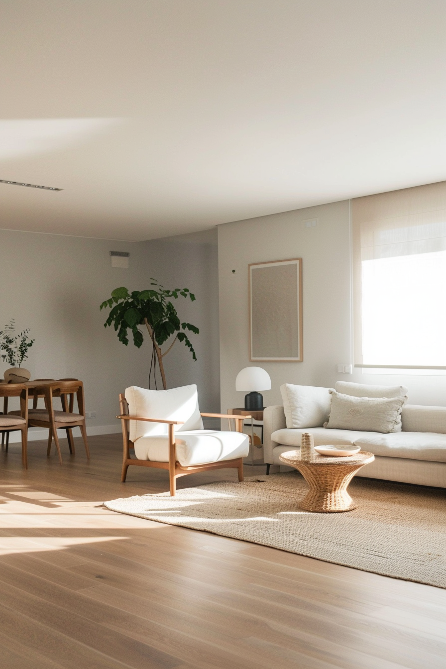Bright, sunlight-filled living room with modern furniture, plants, and wooden floors.