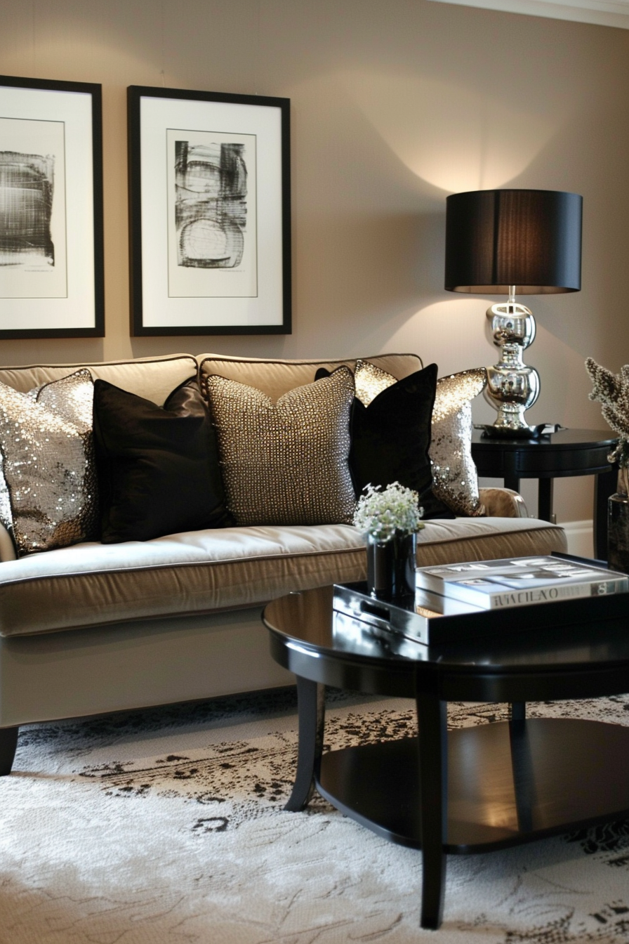 Elegant living room with beige sofa adorned with sequined pillows, black round table, art on wall, and modern lamp.