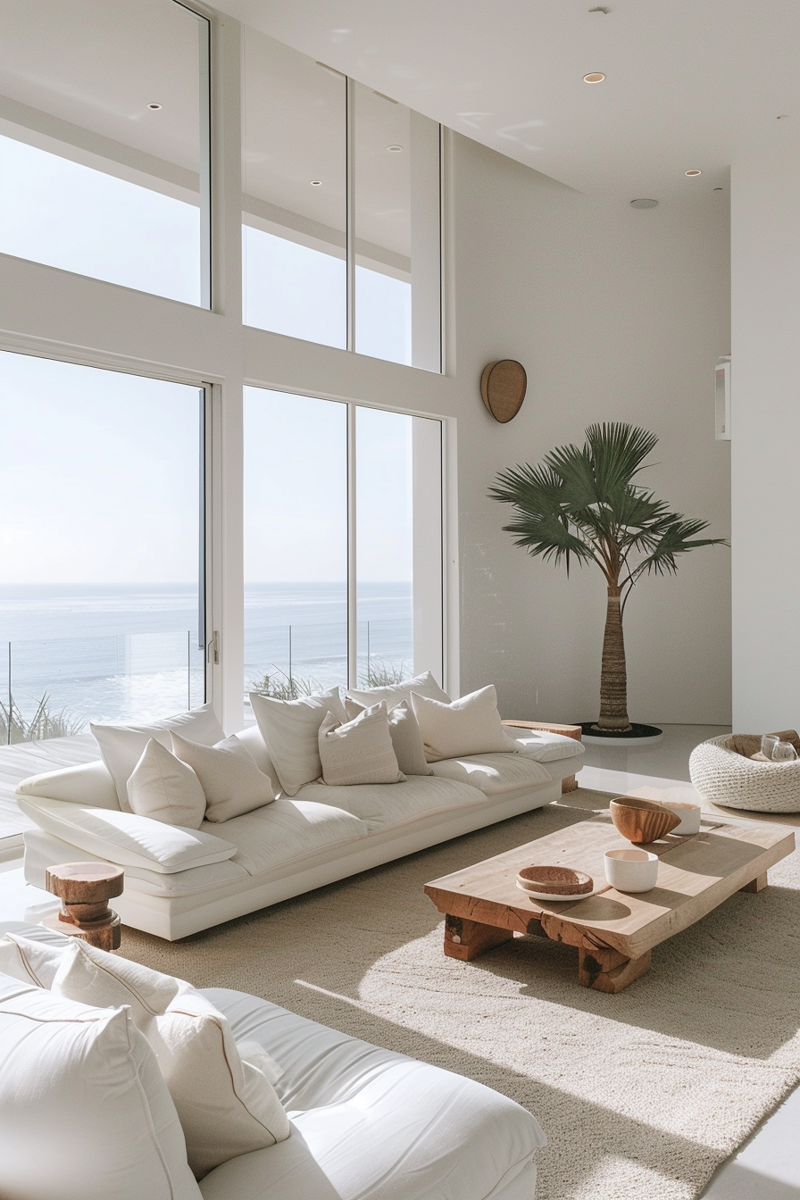 Bright, modern living room with large windows overlooking the sea, featuring white sofas, wooden tables, and a potted palm tree.