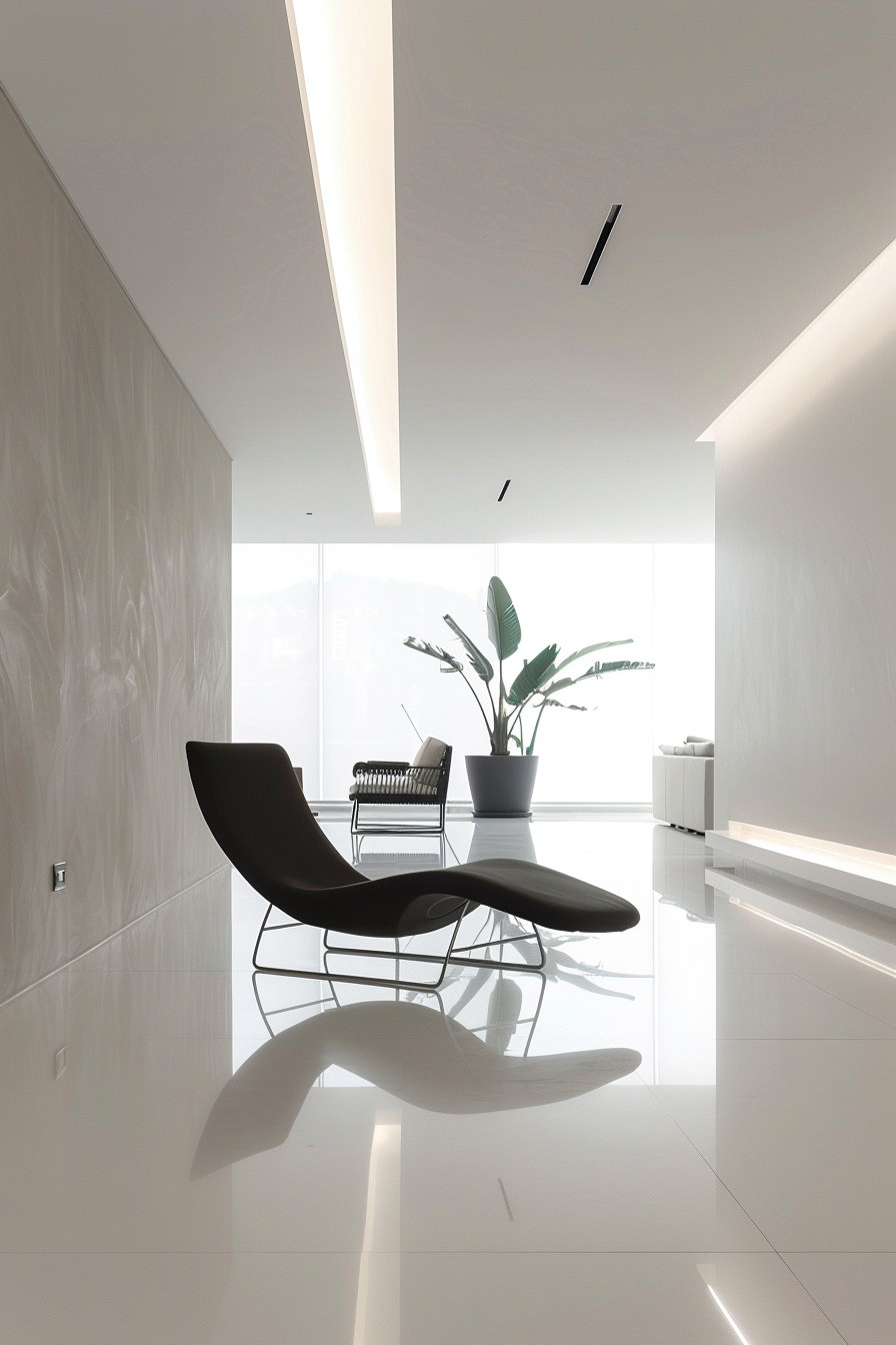Modern minimalist living space with sleek furniture, overhead linear lighting, and a potted plant by the window.