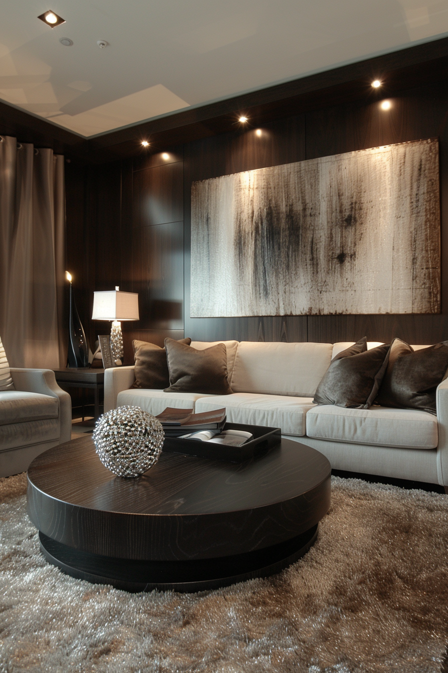 Elegant living room with dark wood paneling, beige sofas, a round coffee table, shiny textured rug, and abstract wall art.