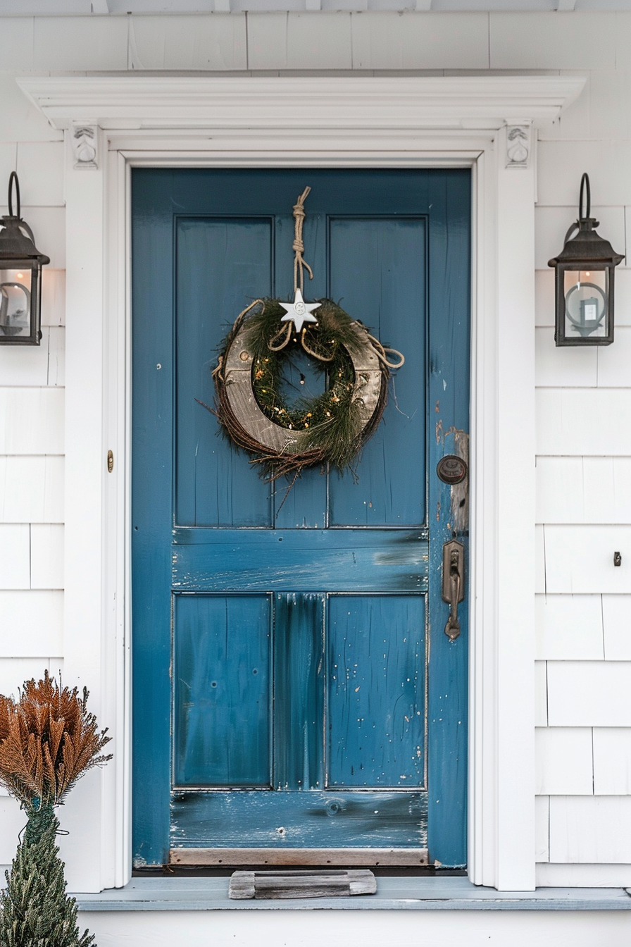 A weathered blue door with a festive wreath, flanked by two hanging lanterns, on a house with white siding.