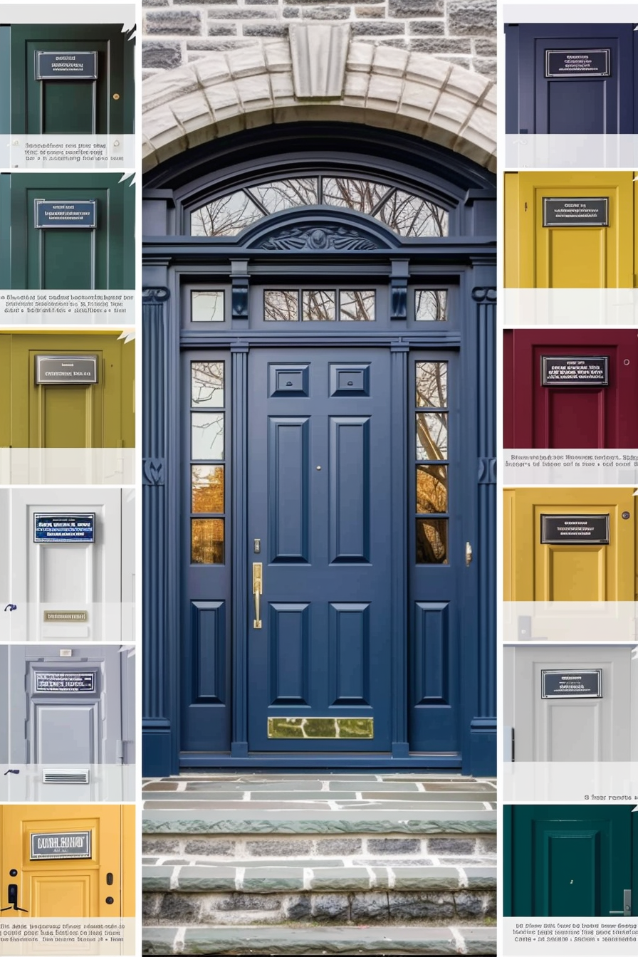 A collage of classic front doors in various colors, each with a different plaque design and mock sophisticated names.