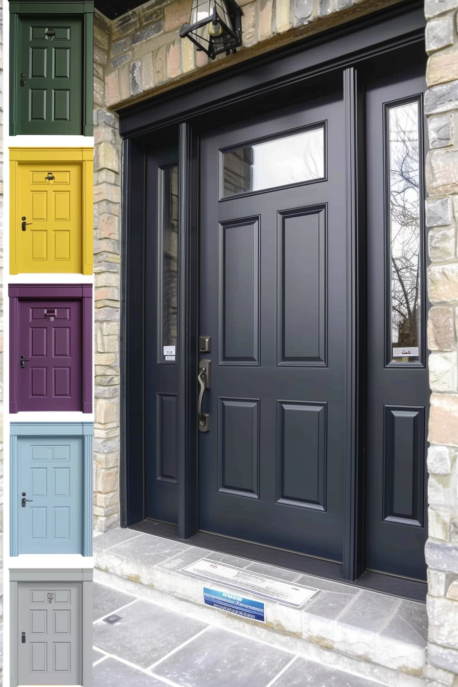 A variety of front door color options including green, yellow, purple, and blue displayed around a central image of a black front door.