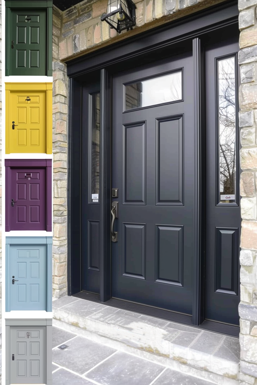 A variety of front door color options including green, yellow, purple, and blue displayed around a central image of a black front door.