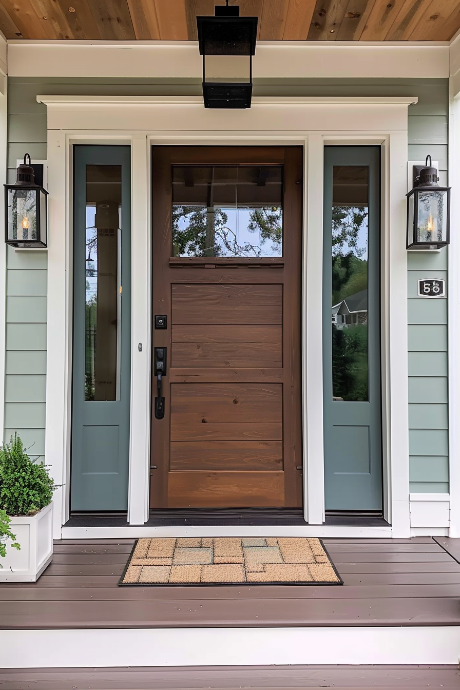 Elegant house entrance with a brown wooden door flanked by sidelights, pendant light above, and a welcome mat on the porch.