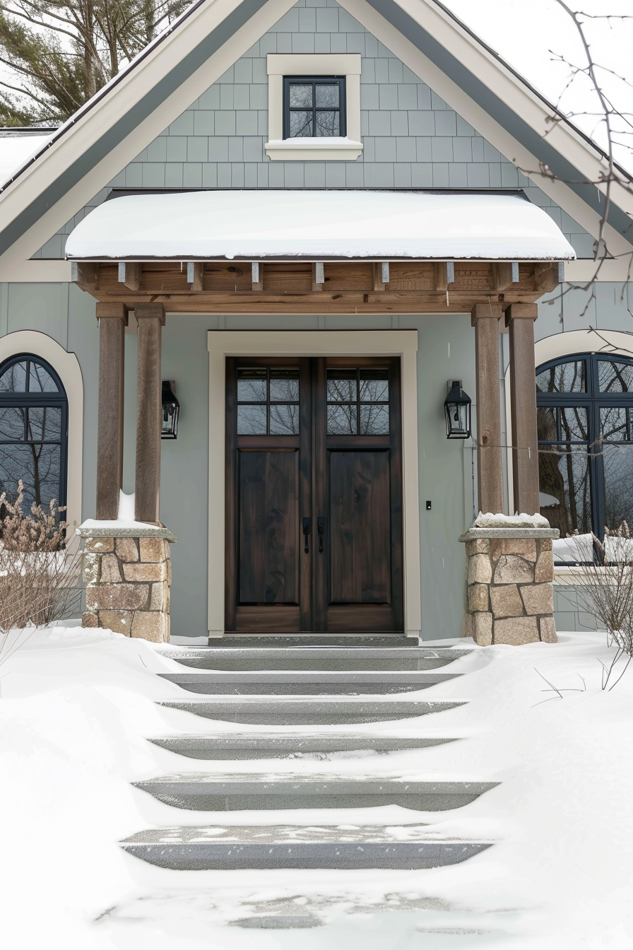 Front entrance of a house with wooden double doors and snow-covered steps leading up to a porch with icicles hanging from the roof.