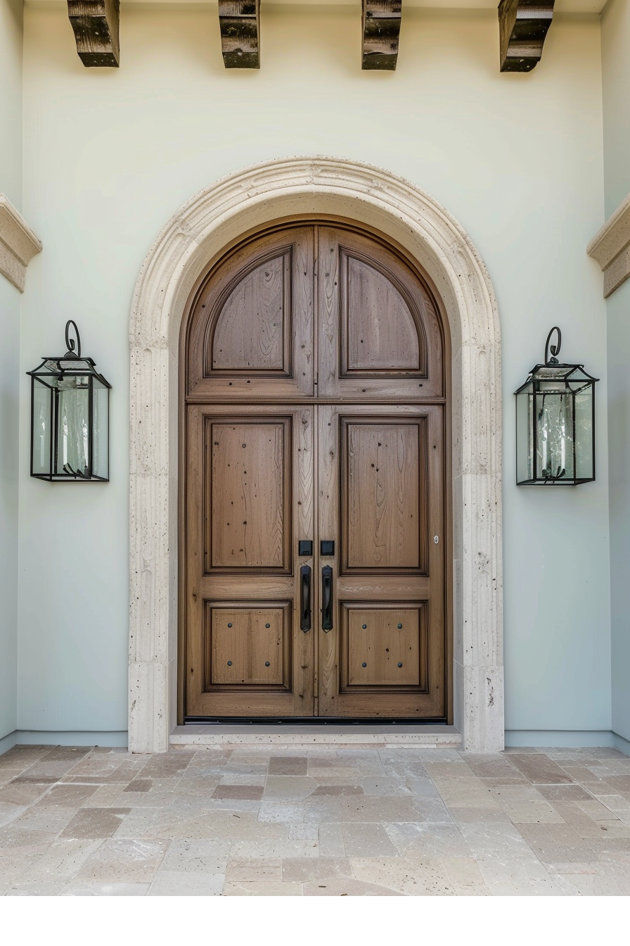 Elegant arched wooden double doors flanked by two wall-mounted lanterns, set in a stone building facade with exposed beams overhead.