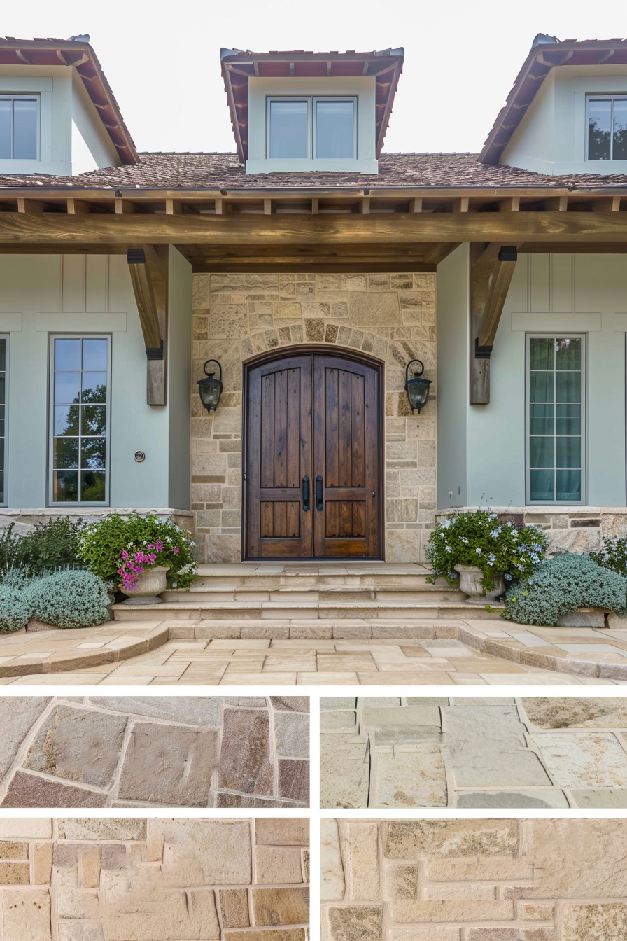 An elegantly designed home entrance with a dark wooden door, stone facade, and a pathway with assorted flagstones.
