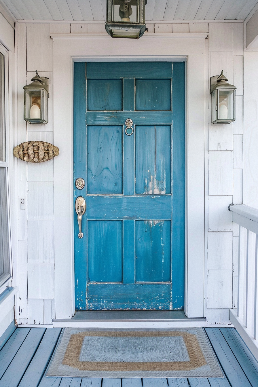 A weathered blue door framed by white walls and flanked by two wall-mounted lanterns on a porch, with a rope doormat on wooden flooring.