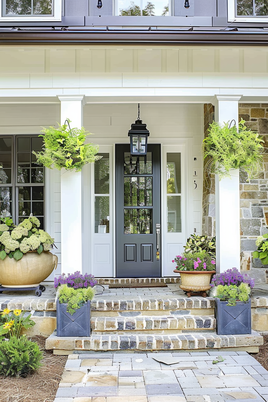 Welcoming front porch with a dark gray door flanked by white columns, hanging green plants, stone steps, and colorful potted flowers.