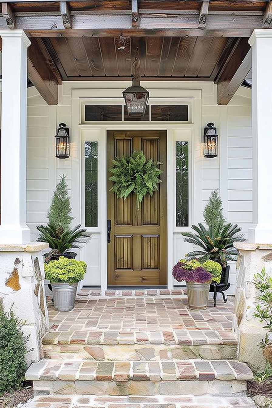 Wooden door with a wreath, flanked by sconce lights and potted plants, leading to a home's entrance with a stone pathway.