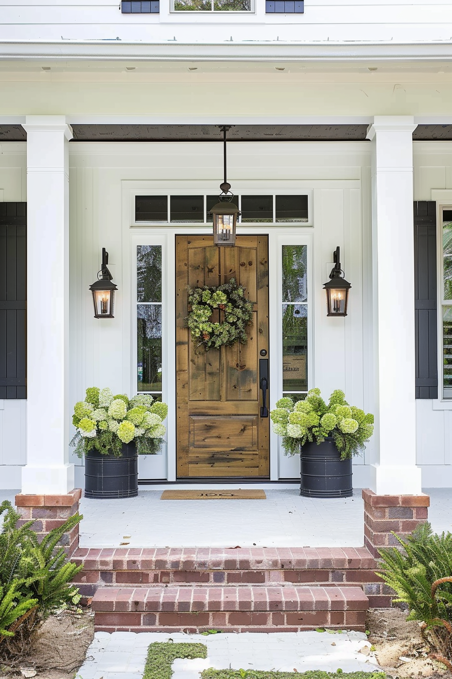 A welcoming front porch with a wooden door, wreath, flanked by two wall lanterns and potted hydrangeas on a white house with black shutters.