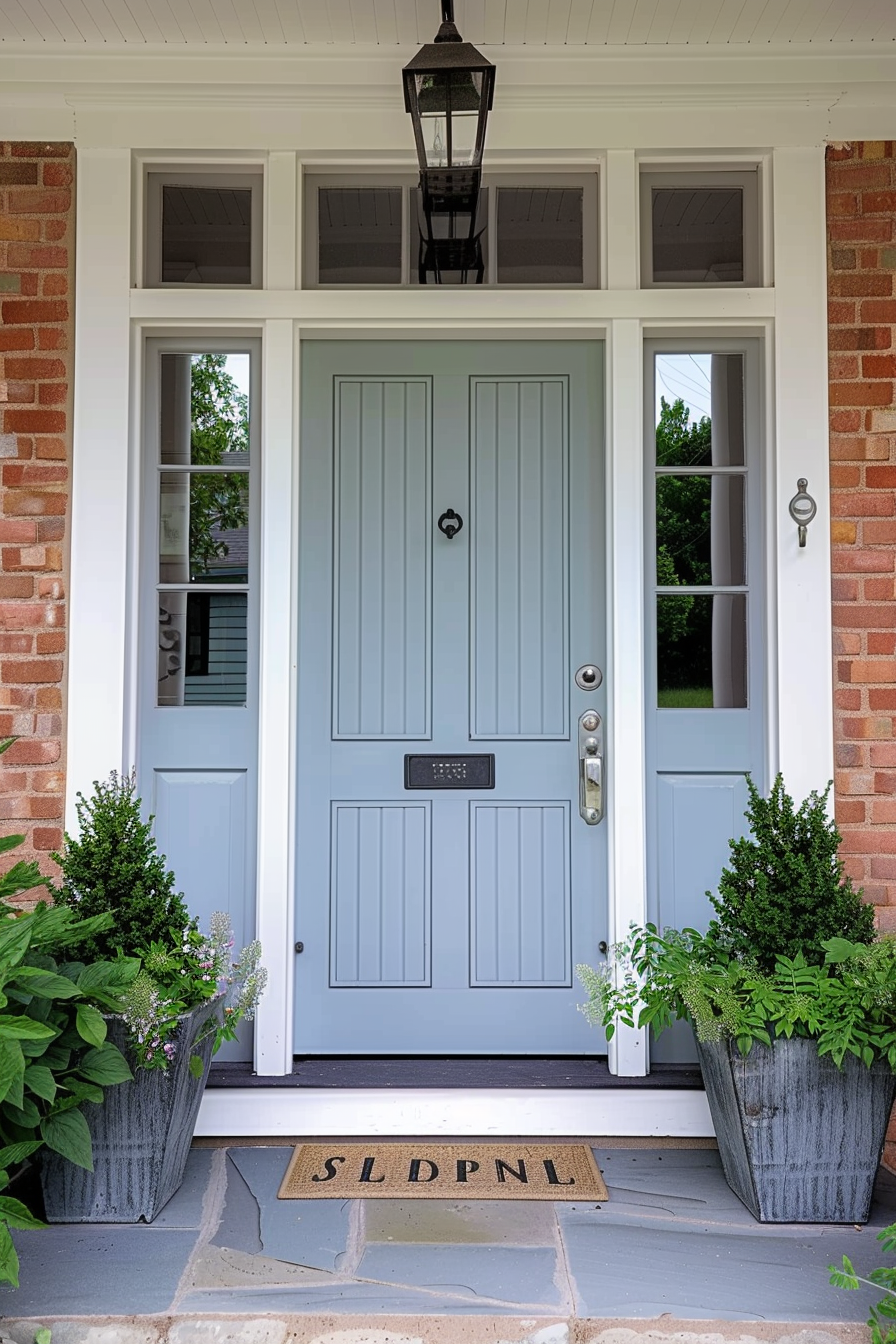 "Front door of a house with a light blue color, flanked by two potted plants and a welcome mat, with a hanging lantern above."