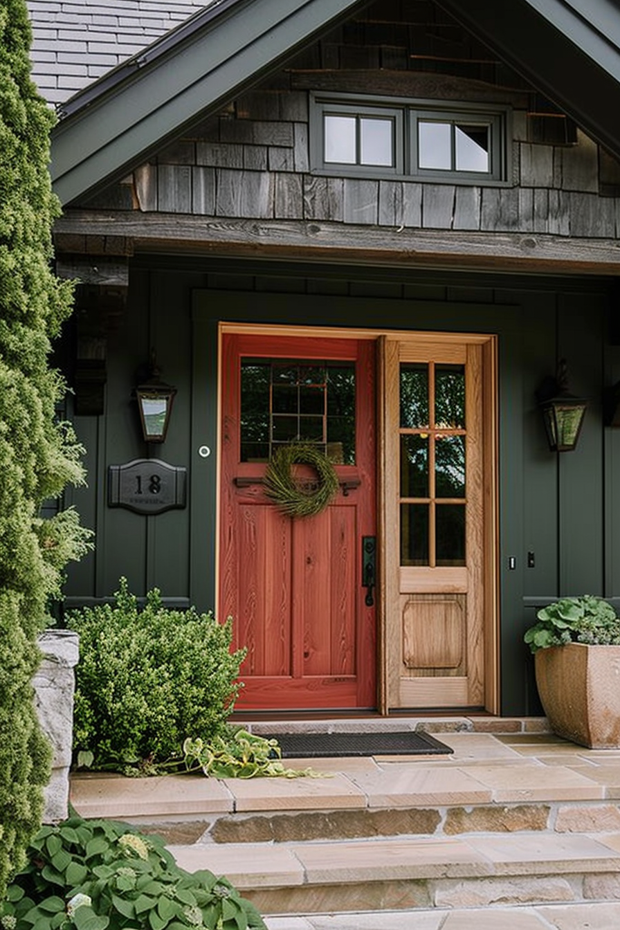 A cozy house entrance featuring a red door with a wreath, flanked by stone steps and lush greenery.