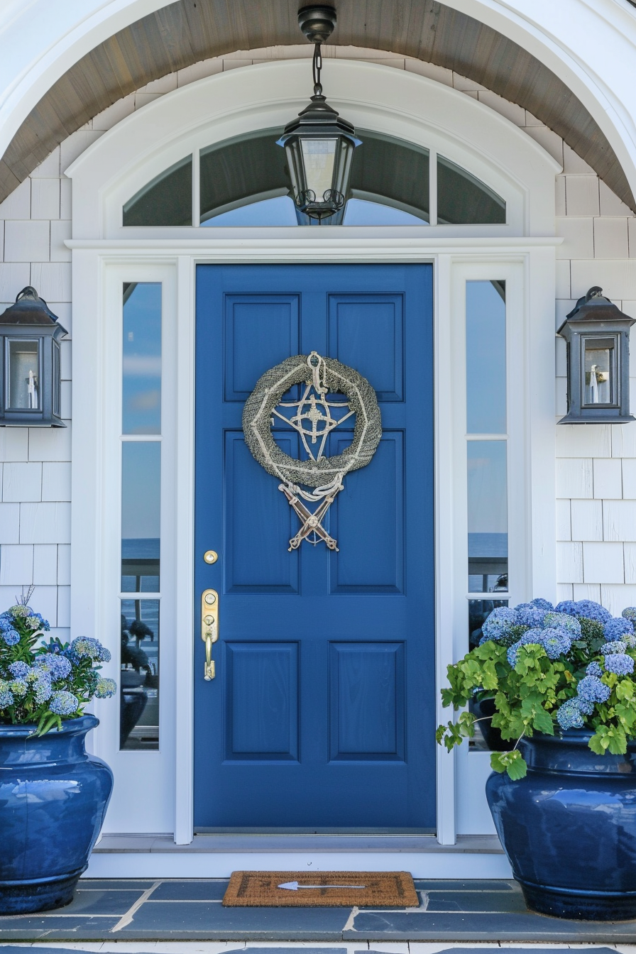A navy blue front door with a nautical wreath, flanked by large blue planters with hydrangeas, under an arched entryway.