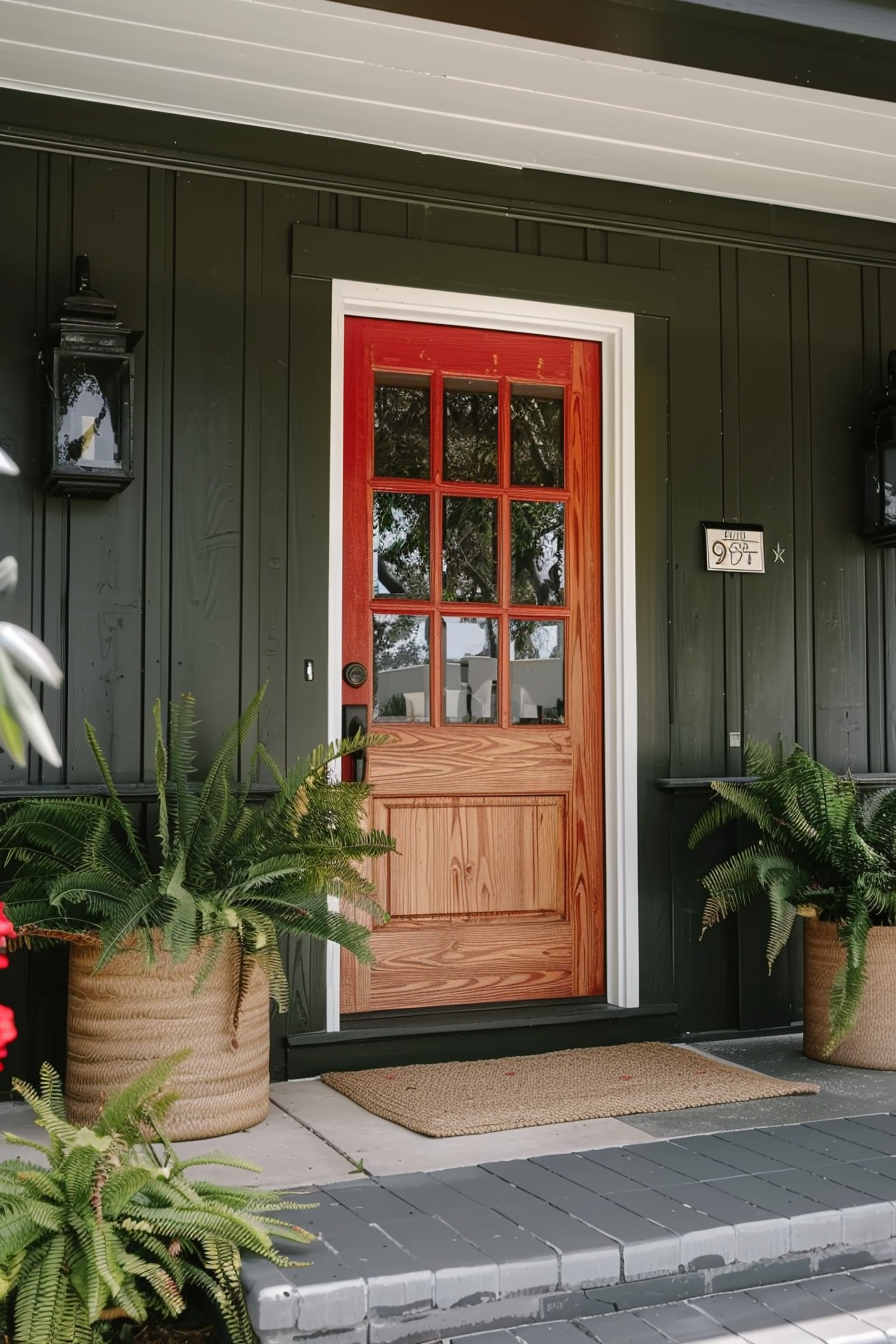A wooden front door with red trim on a dark green house, flanked by two potted ferns, with a welcome mat on the front step.