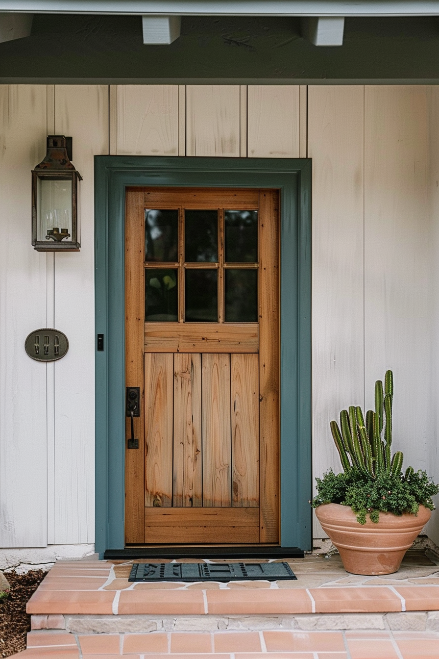 ALT: A wooden front door with glass panes painted in teal, flanked by a wall-mounted lantern and a potted cactus on a brick porch.
