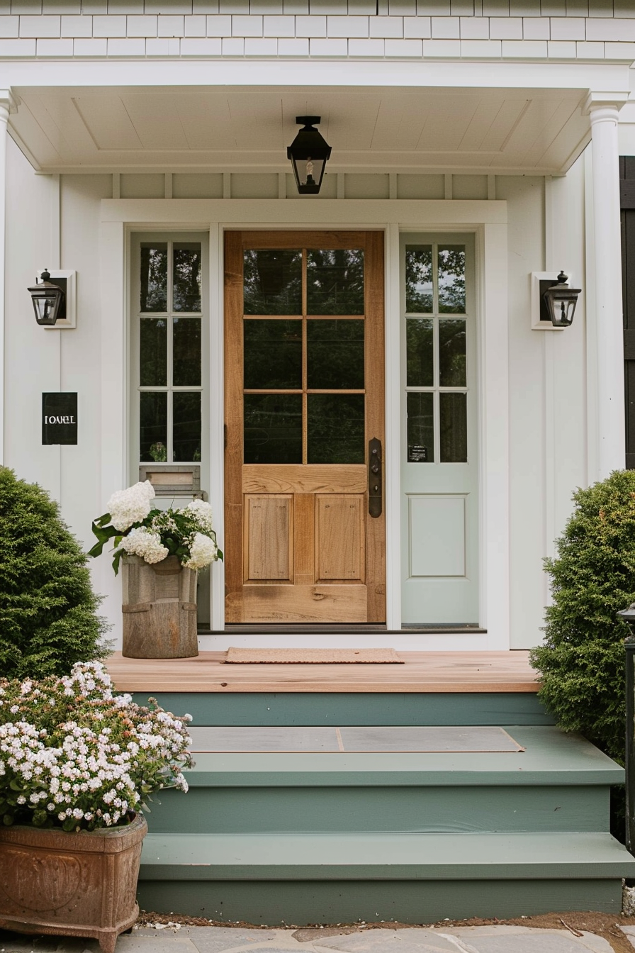 Wooden front door with glass panels, flanked by wall lanterns and potted flowers, leading up to a house with steps.