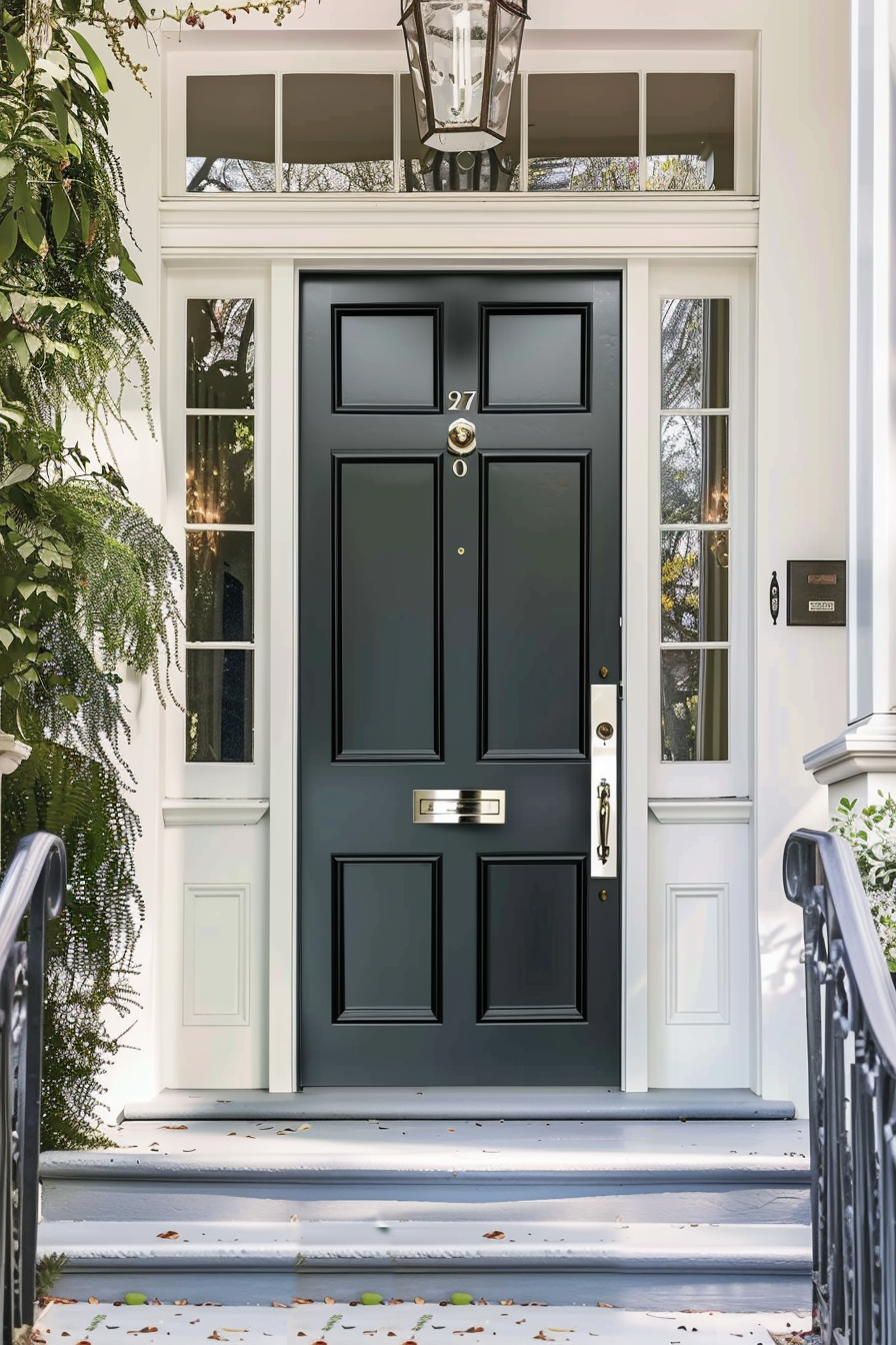 ALT: A classic black front door at number 97 with brass hardware, flanked by white trim and foliage, beneath an overhead lantern.
