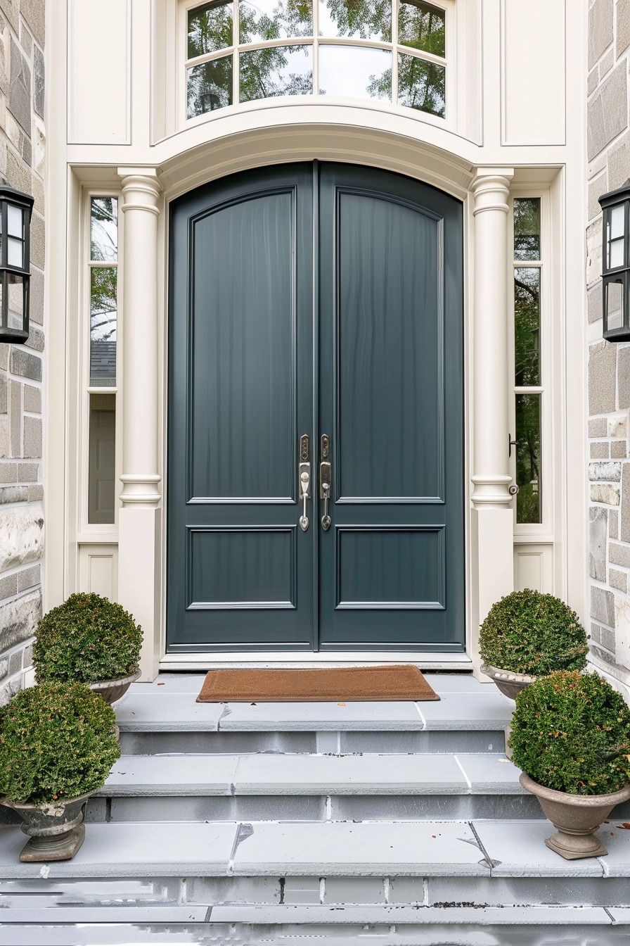Elegant double entry doors in a teal color with a semicircular transom window, flanked by two potted plants on a front porch.