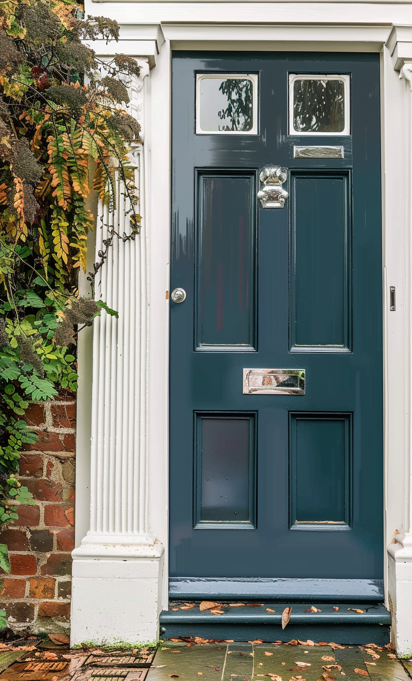 A dark blue front door with glass windows, silver hardware, flanked by white columns and autumn leaves on the ground.