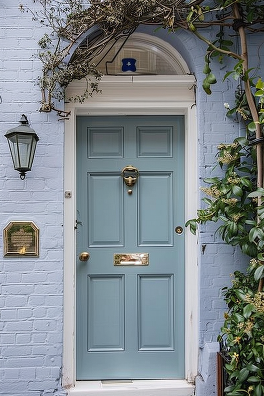 A classic blue door on a light blue brick building, adorned with a brass knocker, letter slot, doorknob, and a hanging lantern.