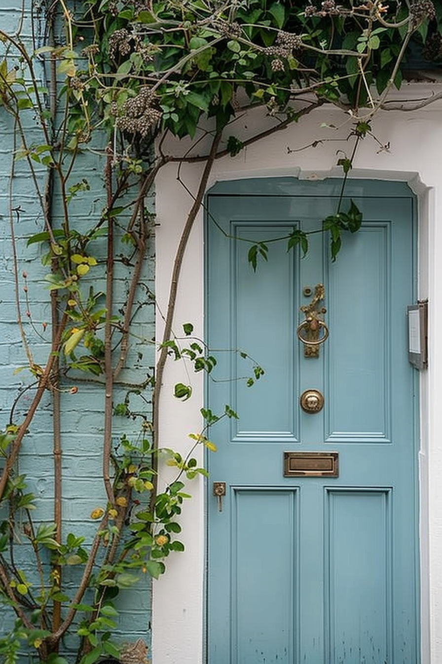A quaint light blue door with brass fixtures surrounded by green vines on a blue brick wall.